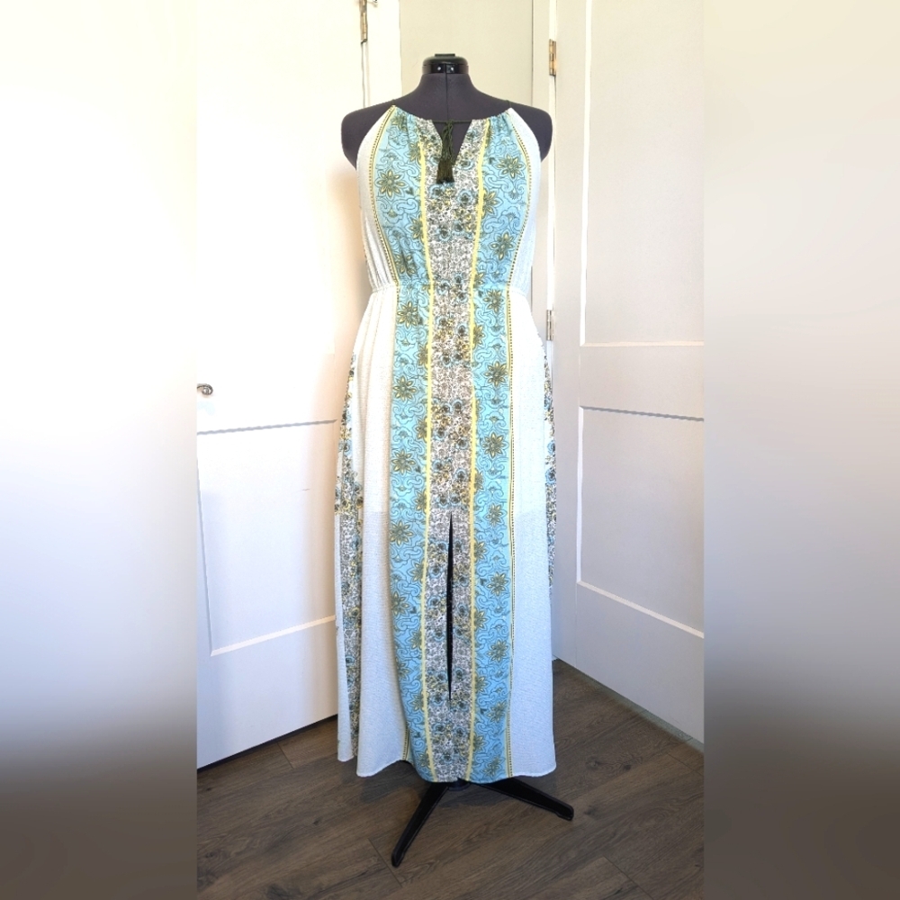 Mi Ami Womens Maxi Dress Plus Size XL Halter Neckline Floral Turquoise Yellow